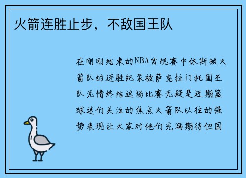 火箭连胜止步，不敌国王队