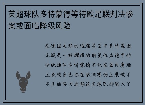 英超球队多特蒙德等待欧足联判决惨案或面临降级风险